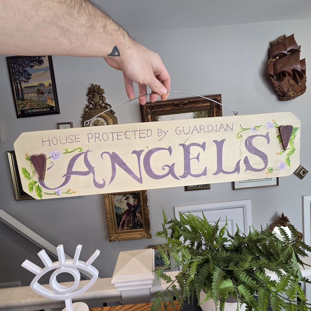 Vintage Wooden Guardian Angels Wall Decor - Rustic Hand Painted Home Sign 25"